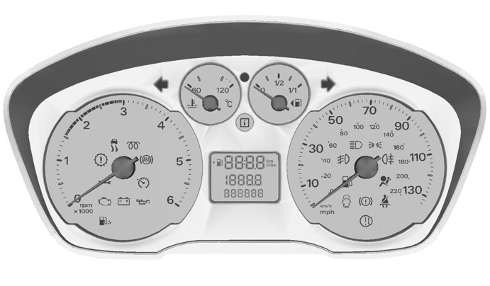 Instrument F G Vägmätare, trippmätare, klocka, räckvidd och varningslampa för öppen dörr Inställningsknapp för klocka