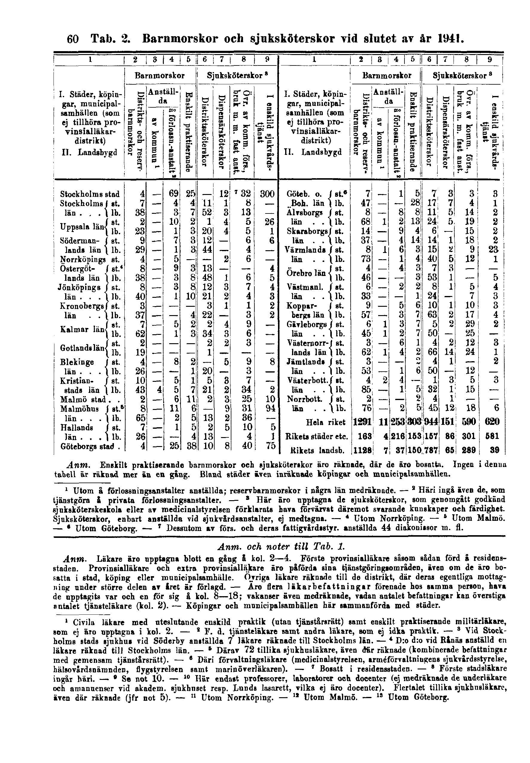 60 Tab. 2. Barnmorskor och sjuksköterskor vid slutet av år 1941. Anm. Enskilt praktiserande barnmorskor och sjuksköterskor äro räknade, där de äro bosatta.