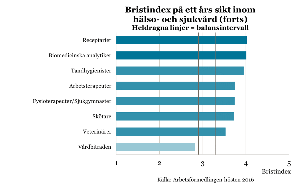 Många yrken inom området kräver långa eftergymnasiala studier. Det medför att det kan ta lång tid att utbilda bort bristsituationen.