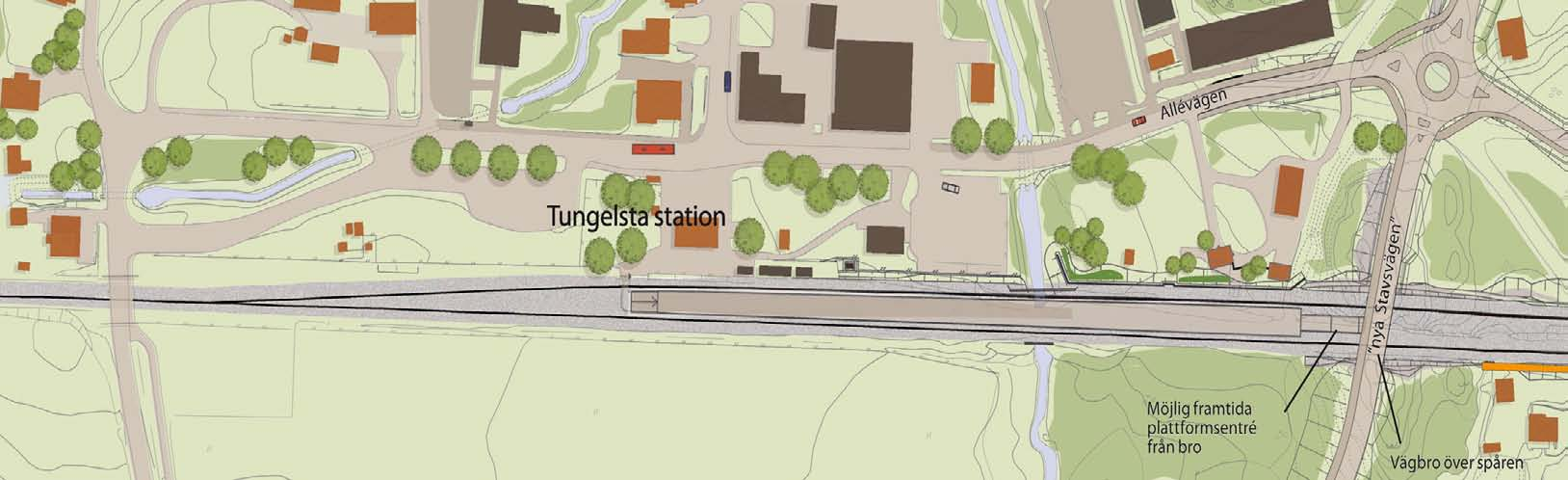 Planskilt dubbelspår: Tungelsta Från Tungelsta till Krigslida läggs det nya spåret på väster sida om befintligt spår Vid Krigslida byter det nya spåret sida