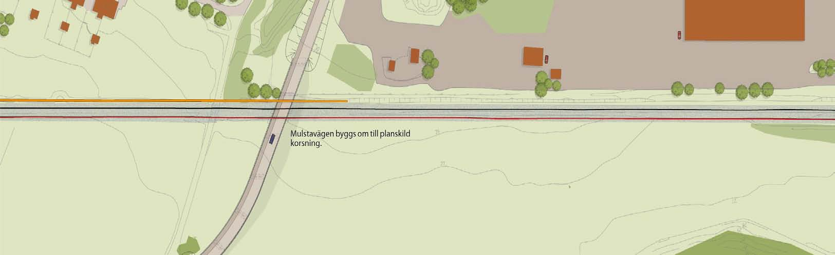 Planskilt dubbelspår: Mulstavägen Mellan Krigslida och Västerhaninge läggs det nya spåret på öster sida om befintligt spår Vid Krigslida byter det nya spåret sida Mulstavägen byggs om till planskild