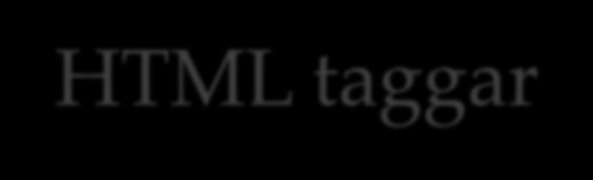 HTML taggar Rubrik: <h1> </h1> (stor rubrik) <h6> </h6> (liten rubrik) Stycke/brödtext: <p> </p> Radbrytning: <br> Nytt tema (linje) <hr>