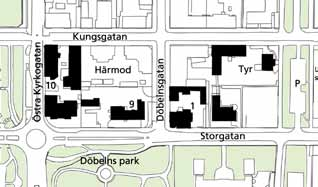 4 Förnäm bostads- och kontorsbebyggelse i kv Härmod och Tyr, från tiden kring sekelskiftet 1900 Moritzska gården. Härmod 10, Östra Kyrkogatan 2. Flyttad från Rådhusesplanaden till denna plats 1983.