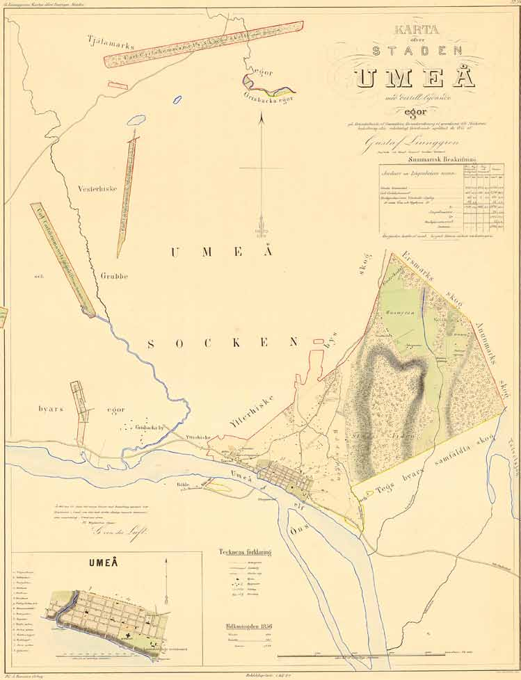 1857 Karta ofver staden Umeå med dertill lydande egor, upprättad år 1857 af Gustaf