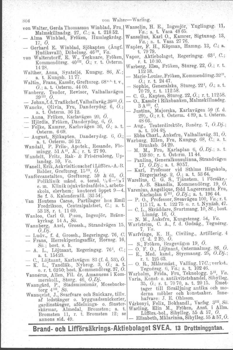 804 von WalterWarling. von Walter, Gerda Thomasson Winblad, Fru, Wanselin, H. E., Ingenjör, Ynglingag. 11, Malmskillnadsg. 27, G.; a. t. 218 52. Va.; a. t. Vasa 48 65.