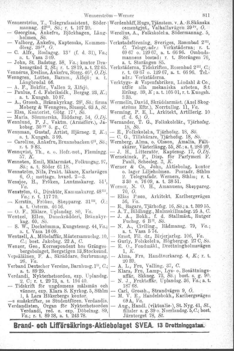 Wennerström Werner 811 Wennerström, T., 'l'elegrafassistent, Söder Werdenhäff,Hugo, Tjänstem. v. A.B.Skånska mannag. ~211I,So.; r. t. 10720. cernentgjut., Valhallaväge'n 39 1V, O.