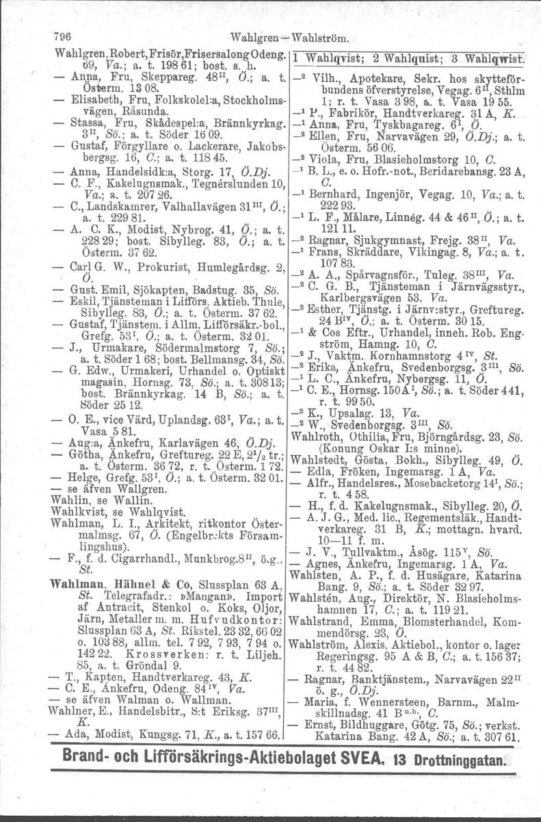 796 Wahlgren Wahlström. Wahl~renJ,.!tobert,Frisör,FrisersalongOdeng. 1 Wahlqvist; 2 Wahlquist; 3 Wahlqwist. ö9, va.; a. t. 19861; bost. s. h. Anna, Fru, Skeppareg. 48 II, O.; a. t. _2 Vilh.