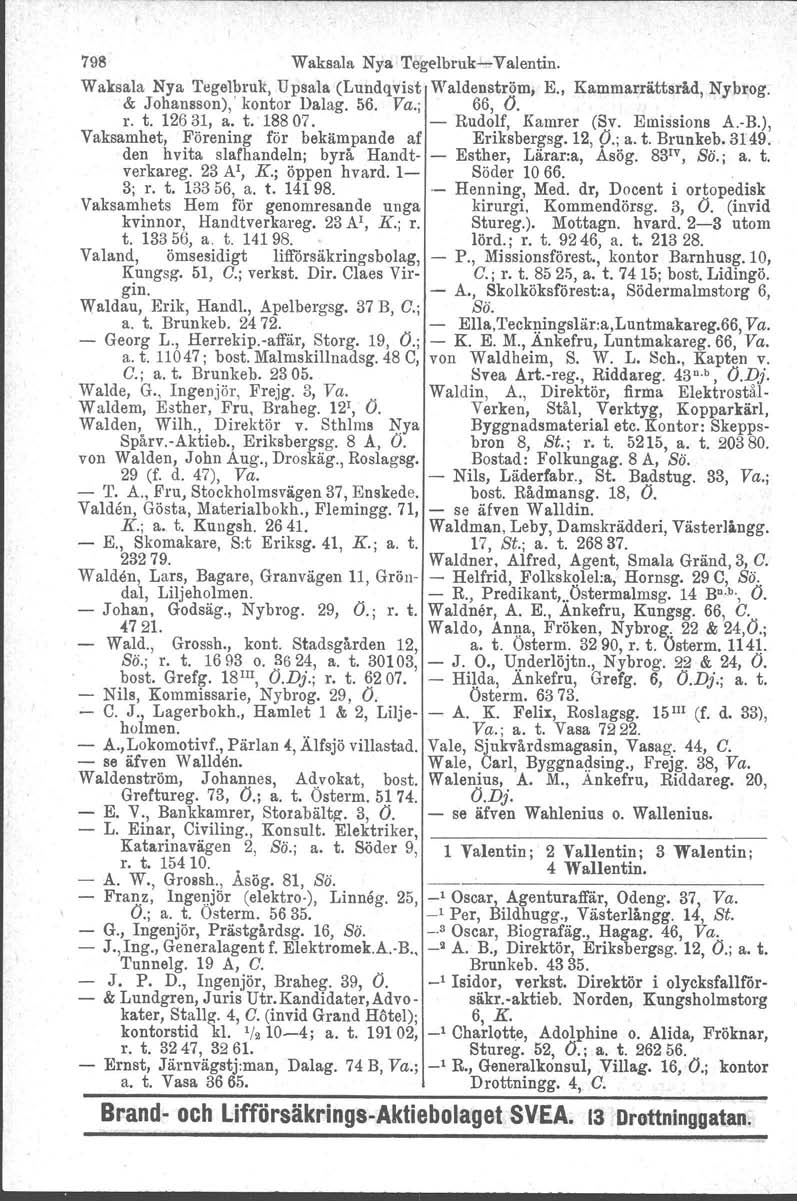 7913 Waksala Nya TegelbrukValentin. Wabala Nya Tegelbruk, Upsala (Lundqvist Waldenström, E., Kammarrättsråd, Nybrog. & Johansson),' kontor Dalag. 56. Va.; 66, (J. r. t. 12631, a. t. 18807.