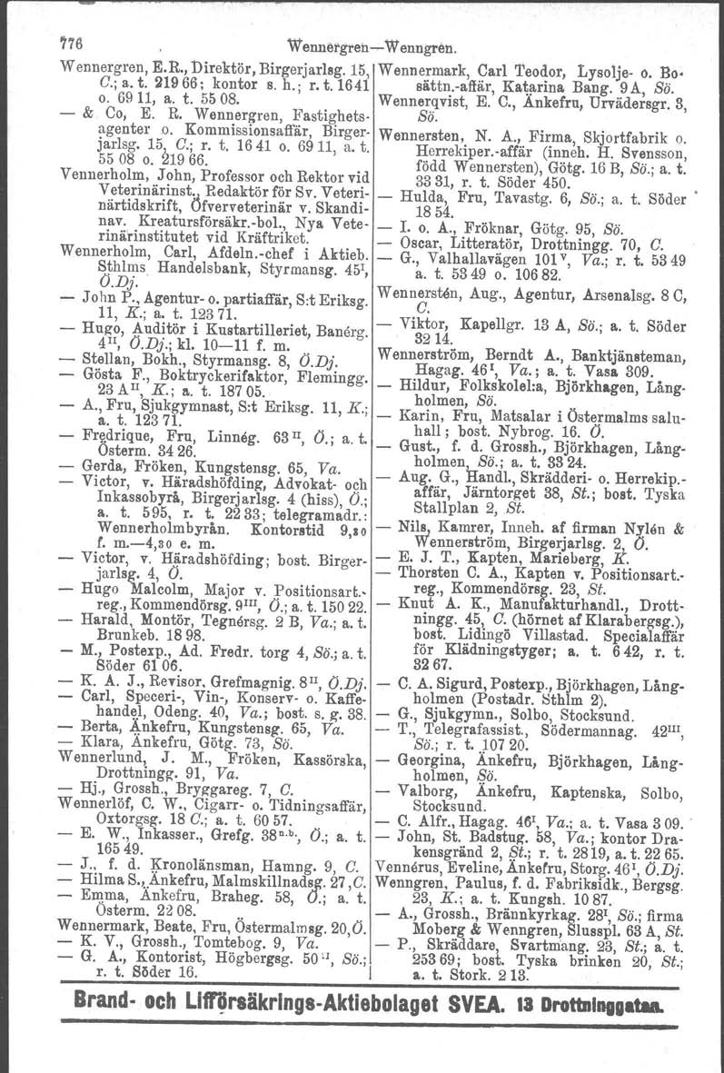 '78 ~ennetgreh~~enngren. Wennergren, E.R., Direktör, Birgerjarlsg. 15, Wennermark, Carl Teodor, Lysolje- o. Bo- C.; a. t. 21966; kontor s. h., r. t. 1641 sättn.-affär, Ka~ltrina Bang. 9 A, Sö. o. 6911, a.