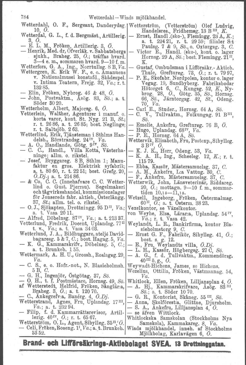 784 Wetterdahl- Wiads mjölkhandel. Wetterdahl, O. F., Sergeant, Danderydsg. Wetterström, (Vetterström) Olof Ludvig, 10, O. Handelsres., Fridhemsg. 13 B III, K. Wetterdal, G. L., f. d. Bergmäst.