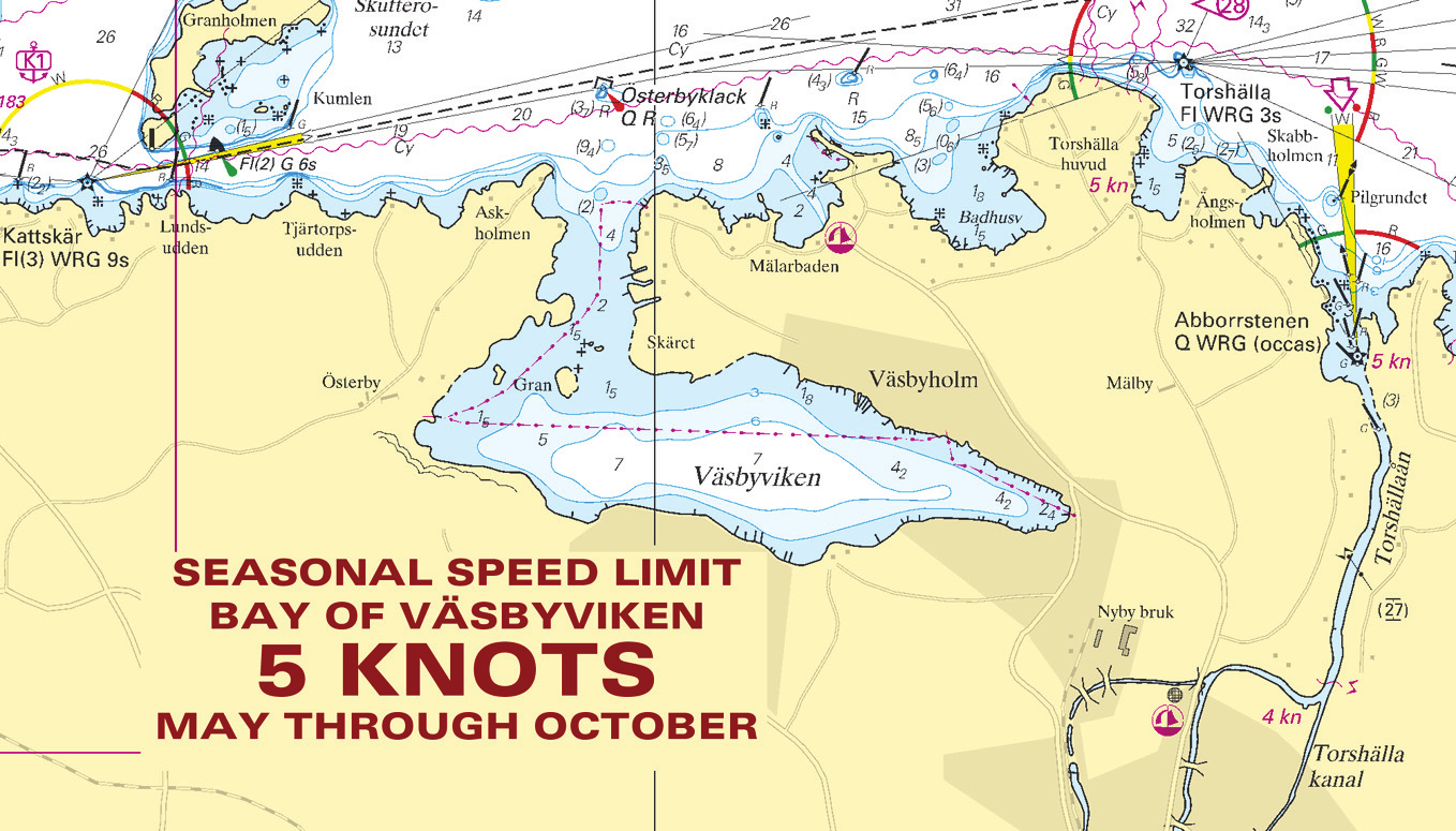 Nr 443 12 Mälaren och Södertälje kanal / Lake Mälaren and Södertälje kanal * 8535 Sjökort/Chart: 113 Sverige. Mälaren och Södertälje kanal. Väsbyviken. Fartbegränsning under sommarhalvåret.