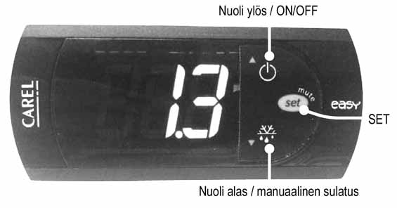 1.11.2012 4. Temperaturkontroll PIL UPP/AV-PÅ SET PIL NED/MANUELL AVFROSTNING Ändra skåpets temperatur enligt följande: Tryck på knappen SET i en sekund för att visa aktuellt börvärde.