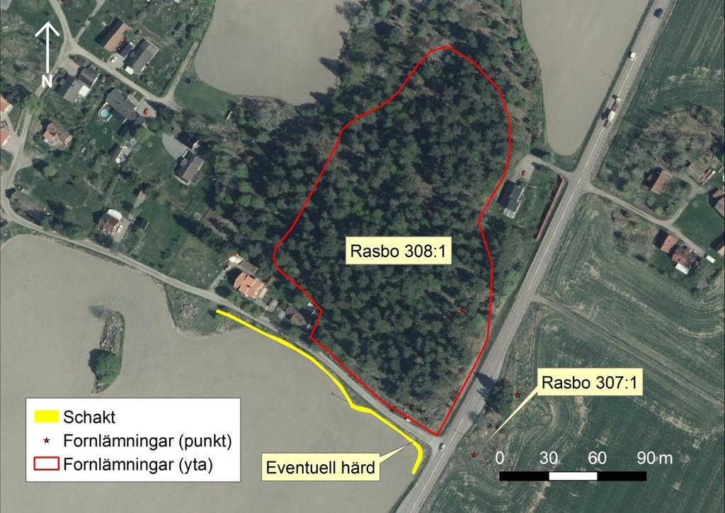 Rasbo 308:1 & 307:1 Rasbo 308:1 är belägen på ett impediment öster om Yresta och utgörs av ett stort gravfält med 13 högar, 5 20 meter i diameter och 0,2-0,7 meter höga, 111 runda stensättningar, 3