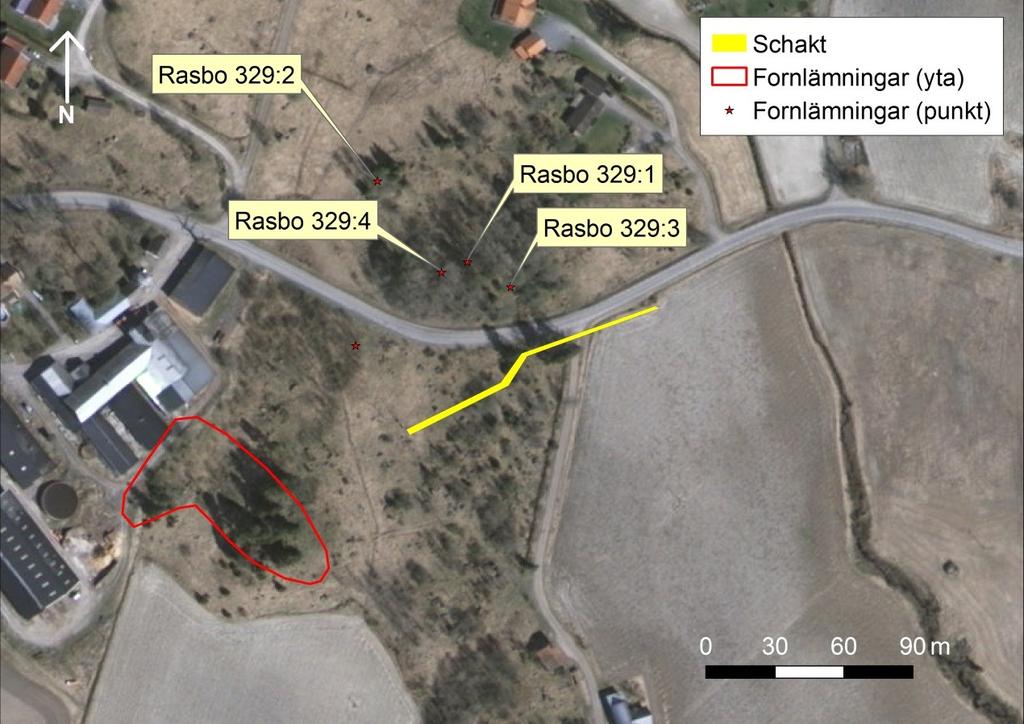 Rasbo 329: 1-4 Rasbo 329:1-4 ligger i en blockig moränbacke i hagmark och utgörs av fyra runda stensättningar, 3-7 meter i diameter och 0,1 0,3 meter höga.