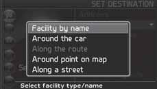 Ställ in resmål (Set destination) Inrättningar (Facilities) Inrättningar är ett samlingsnamn för bensinstationer, hotell, restauranger, Volvoåterförsäljare, sjukhus, parkeringsplatser m.m. Tryck ENTER för att komma till en undermeny med olika sökalternativ för att ange inrättning.