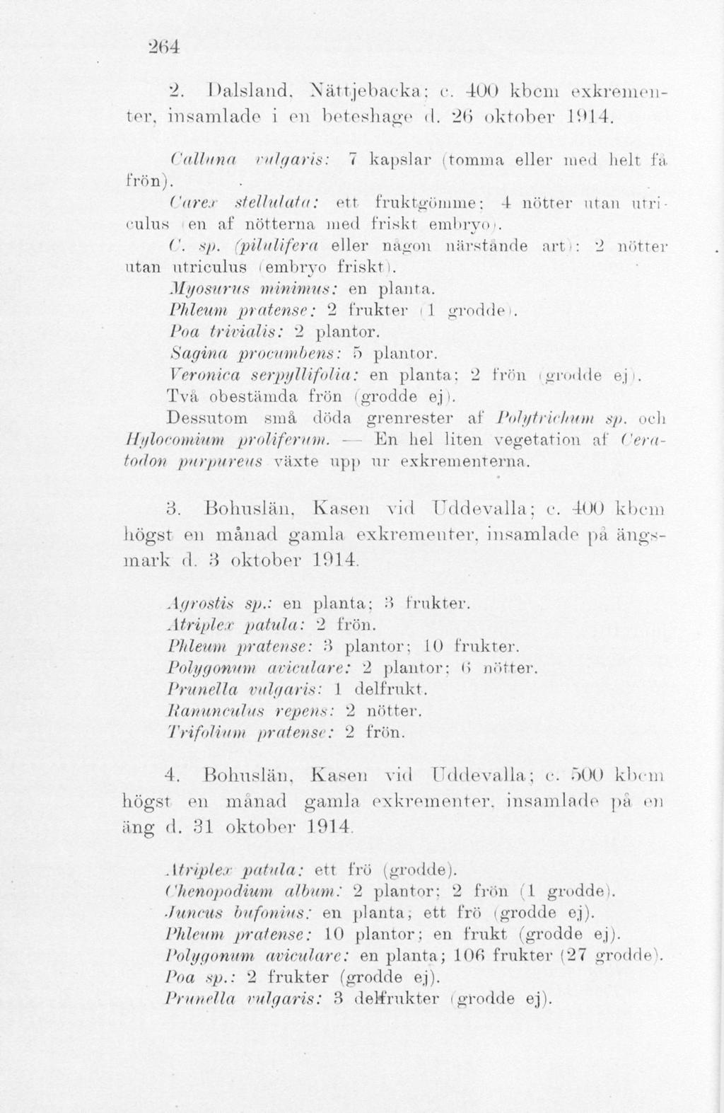 M4 2. Dalsland. Nattjebacka; c. 400 kbcm exkrernenter, insamlade i en beteshage d. 26 oktober 1 (.U4. Calluna vulgaris: 7 kapslar i tomma eller mod helt få Frön).