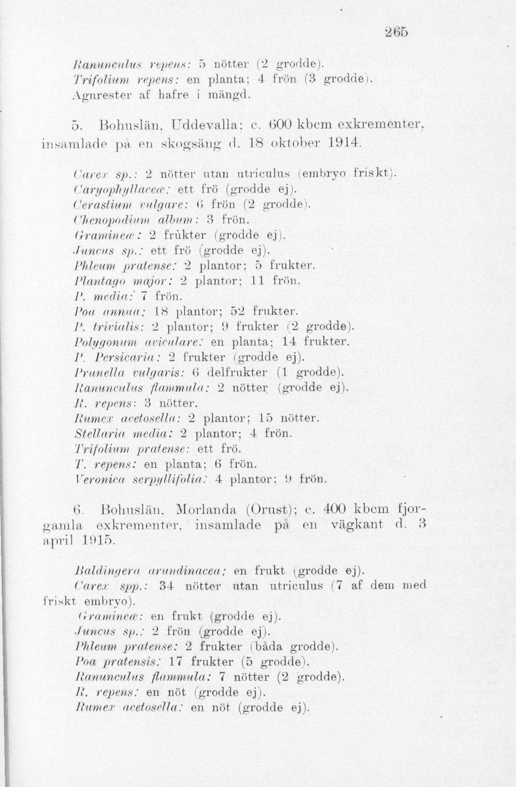 265 Ranunculus repens: 5 nötter (2 grodde). Trifolium repens: en planta: 4 frön (3 grodde). Agnrester af hafre i mängd. 5. Bohuslän. Uddevalla; c. (300 kbcm exkrementer, insamlade ]>n en skogsäng d.