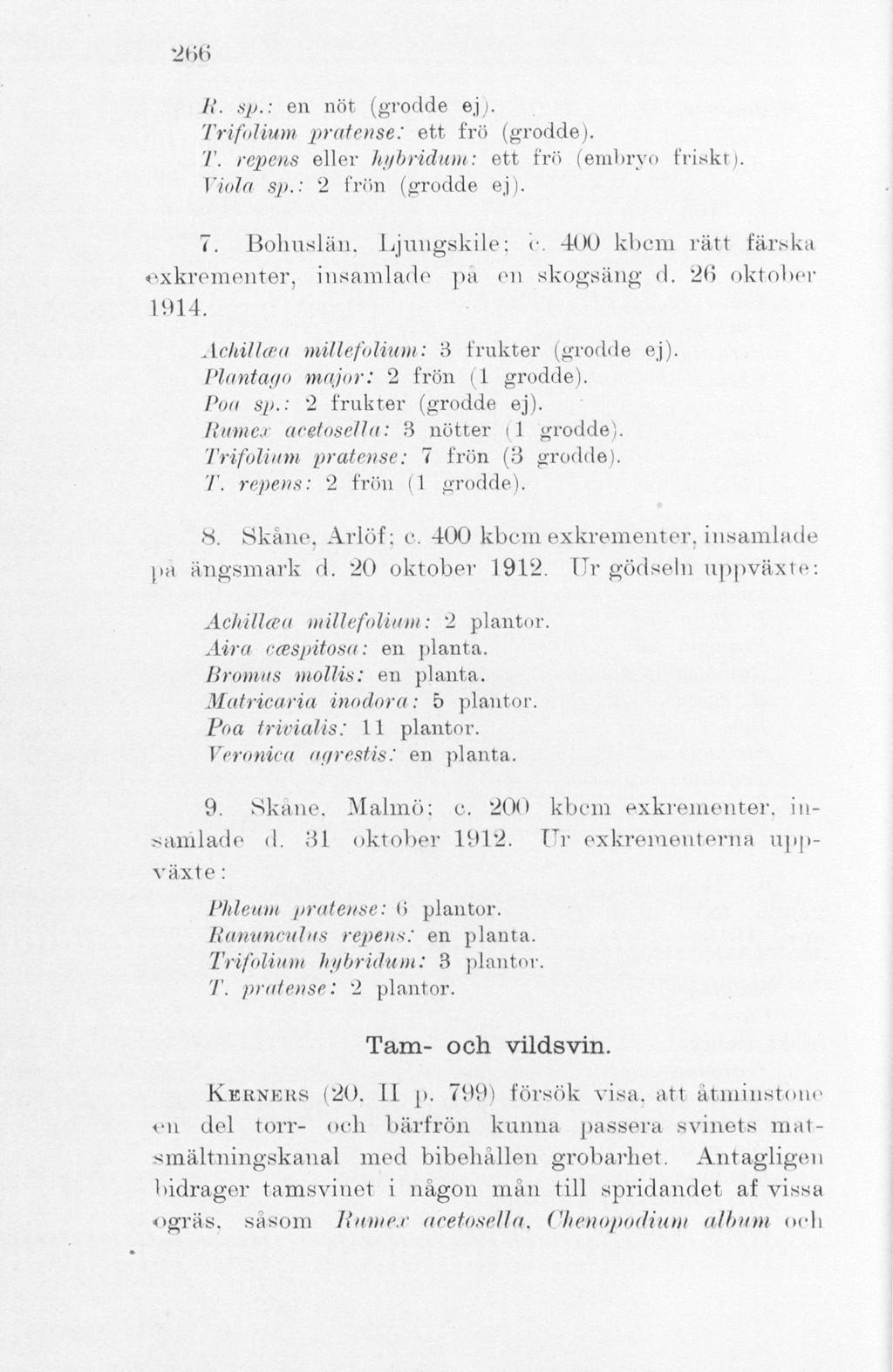 266 it. sp.: en nöt (grodde ejj. TrifoUum pratense: ett frö (grodde). T. repens eller hybridum: ett frö (embryo friskt). Viola sp.: 2 frön (grodde ej). 7. Bohuslän. Ljungskile; c.