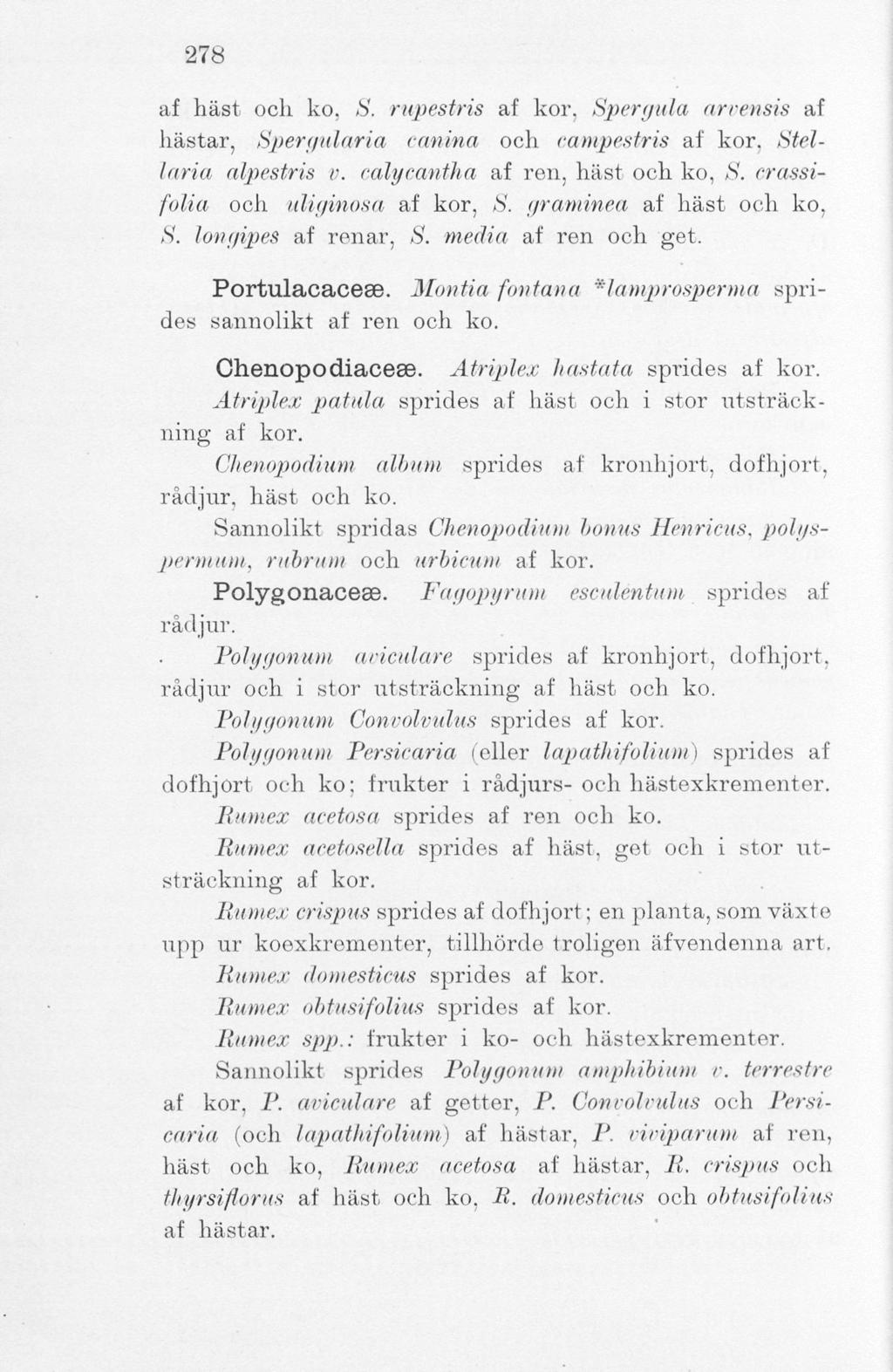 278 spri- Portulacaceae. Montia fontana *lamprosperma des sannolikt af ren och ko. af häst och ko. S. rupestris af kor. Spergula arvensis af liästar, Spergularia canina och campestris af kor.