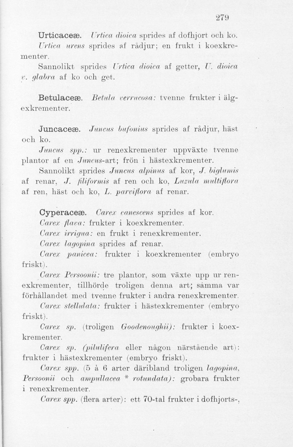 279 Urticaceae. Urtica dioica sprides af dofhjort och ko. Urtica urens sprides af rådjur; en frukt i koexkrementer. Sannolikt sprides Urtica dioica af getter, U. dioica v. glabra af ko och get.