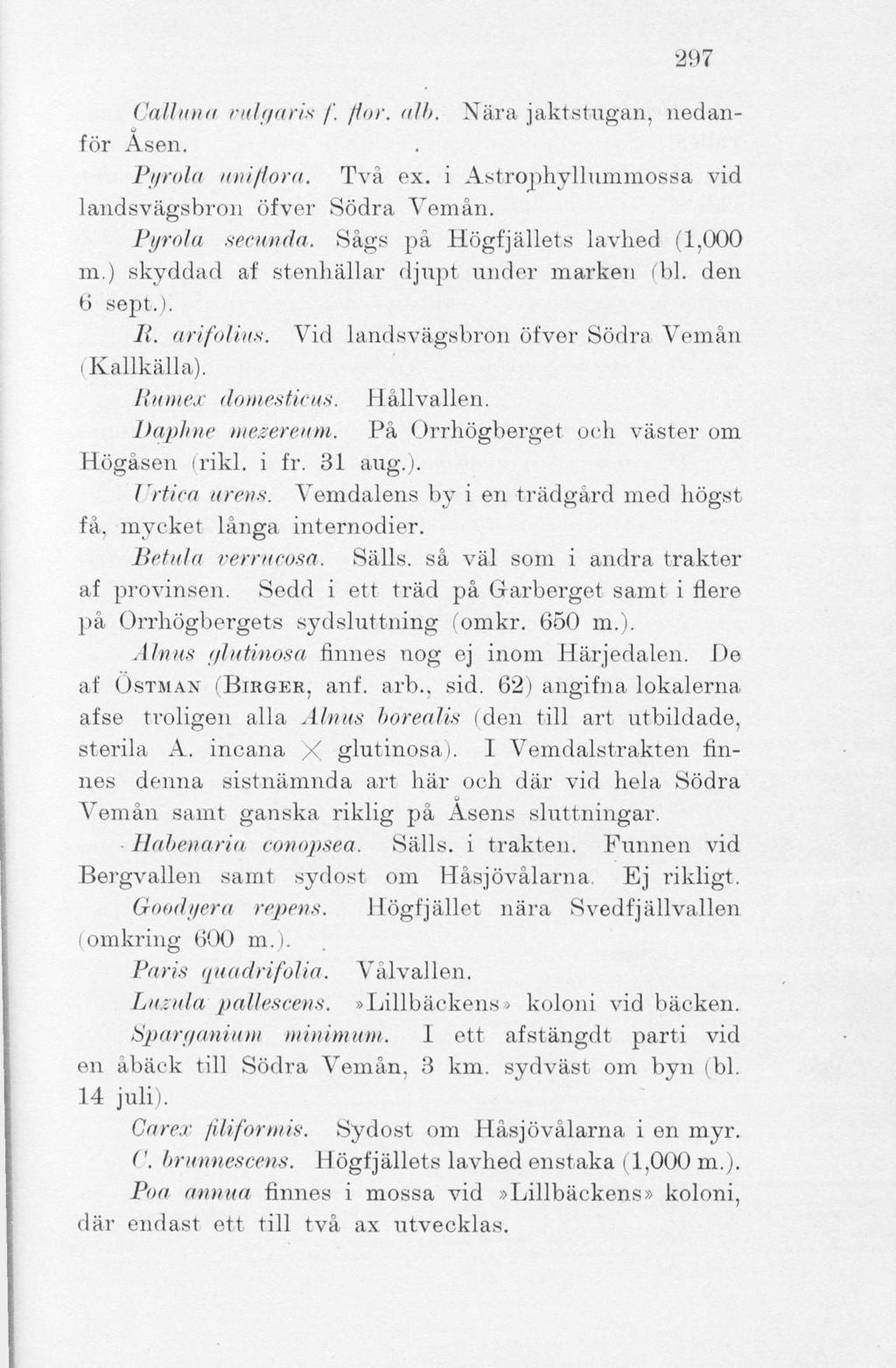 297 Calluna vulgaris /'. /tor. <tlh. Nära jaktstugan, nedanför Åsen. Pyrola uniflora. Två ex. i Astrophyllnmmossa vid landsvägsbron öfver Södra Vemån. Pyrola secunda.