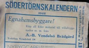 Telefonkatalogen Handen, 1942 Södertörnskalendern var namnet på en lokal telefonkatalog som gavs ut under brinnande världskrig 1942, jag hittade en tummat, slitet exemplar och skannade in sidorna.