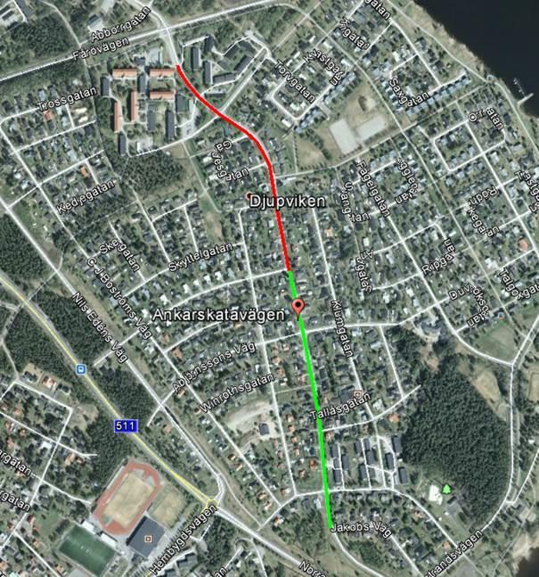 Planområde Utförd etapp 1 (grön markering) och planerad etapp 2 (röd markering) av Ankarskatavägens ombyggnad 1.4 