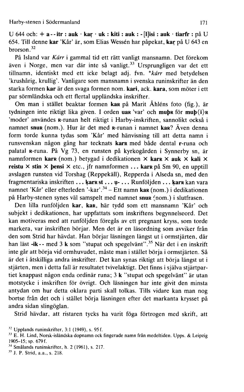 Harby-stenen i Södermanland 171 U 644 och: + a--itr : auk kar uk : kiti : auk : - [l]isi : auk tiarfr : på U 654. Till denne kar Kår är, som Elias Wessén har påpekat, kar på U 643 en brorson.