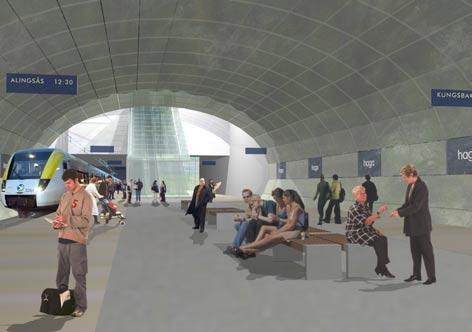 JÄRNVÄGSUTREDNING VÄSTLÄNKEN Fig 4.6 Interiörperspektiv Station Haga. Det utsprängda bergrummet har ett innertak av glas. Från huvudentrén når dagsljuset perrongen. 26 Fig 4.