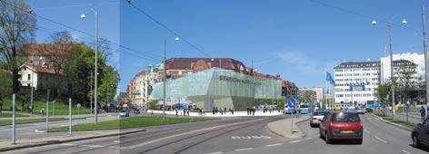 JÄRNVÄGSUTREDNING VÄSTLÄNKEN Station Korsvägen, huvuduppgång vid Korsvägen. Stationen ligger i största del i berg med en uppgång mot väster under Artisten.