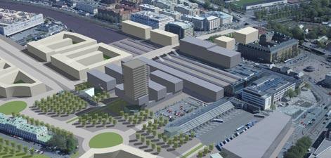 JÄRNVÄGSUTREDNING VÄSTLÄNKEN Universalsäcken och stationsläge norr. Bilden visar en ny lokaltrafiknod mellan Bangårdsviadukten och Kruthusgatan.
