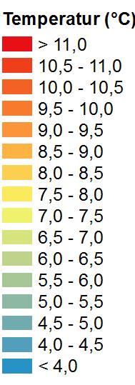 4 Temperatur 4.1 Årsmedeltemperatur Observerat 1961-1990 Årsmedeltemperatur är medelvärdet av varje års medeltemperatur beräknat utifrån dygnsmedeltemperatur.