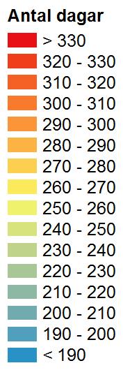 4.6 Vegetationsperiodens längd Observerat 1961-1990 Längden på vegetationsperioden är definierad som skillnaden mellan sluttidpunkt och starttidpunkt.