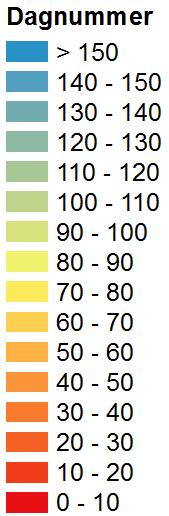 4.7 Vegetationsperiodens starttidpunkt Observerat 1961-1990 Starttidpunkt är första dagen på året i en sammanhängande fyradagarsperiod då dygnsmedeltemperaturen överstiger 5 C.