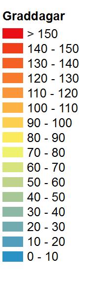 4.10 Graddagar för kylning Observerat 1961-1990 Graddagar för kylning är summan av hela årets dygnsmedeltemperaturer över 20 C.