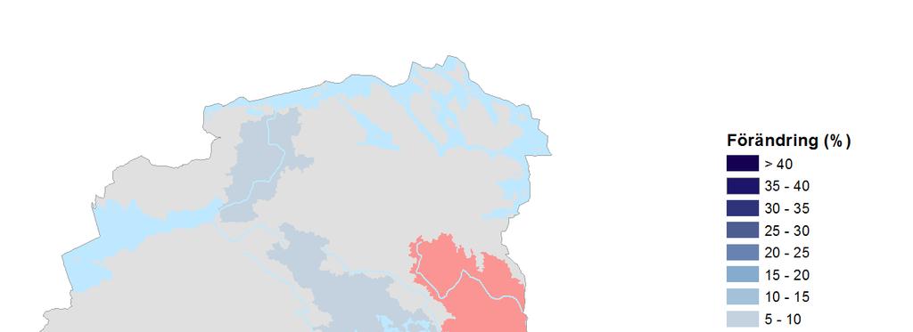 6.3 Förändrad total 100-årstillrinning Kartorna visar den procentuella förändringen jämfört med medelvärdet för referensperioden.