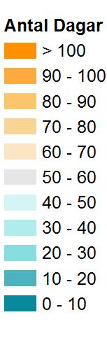 7.6 Antal dagar med lågflöde Beräknat 1961-1990 Antal dagar då tillrinningen är lägre än medellågtillrinningen för perioden 1963-1992.