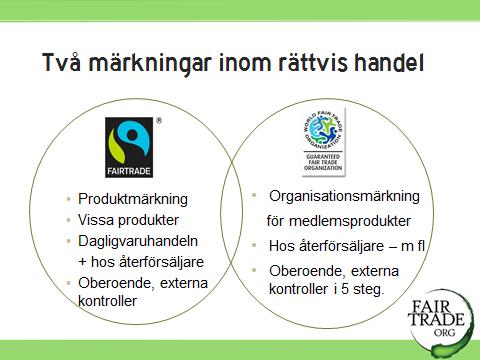 Två märkningar inom rättvis handel Fairtrade Produkter oftast råvaror - med det fyrkantiga certifieringsmärket Fairtrade följer kriterier för ekonomisk, social och miljömässigt hållbar utveckling och