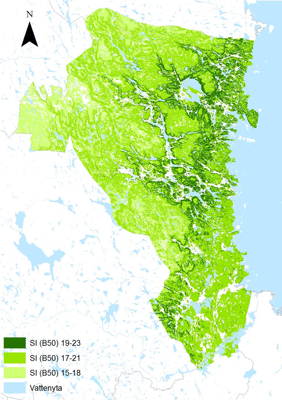 Figur 14. Resultat från GIS-modellen visande Gävleborgs län uppdelat på tre produktionsklasser utifrån SI Björk.