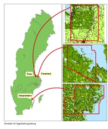 Figur 1-1. Områden i Forsmark, Oskarshamn och Tierp som flygfotograferats. Som grund för utförda arbeten ligger flygfotografering över nämnda områden i IR-färg och från 2 300 meters flyghöjd år 2001.