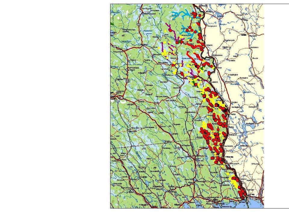 Dikeskartläggning i fält - Ca 600 st Måttligt eller Kraftigt påverkande - Ca 80 st Ej påverkande Kenttätyöt -