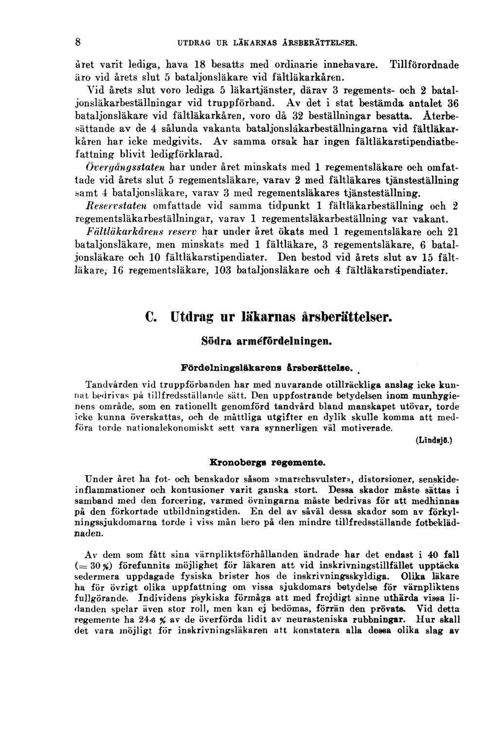 8 UTDRAG UR LÄKARNAS ÅRSBERÄTTELSER. året varit lediga, hava 18 besatts med ordinarie innehavare. Tillförordnade äro vid årets slut 5 bataljonsläkare vid fältläkarkåren.