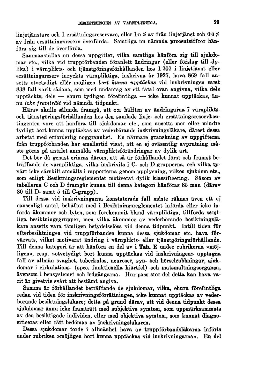 BESIKTNINGEN AV VÄRNPLIKTIGA. 29 linjetjänstare och 1 ersättningsreservare, eller 1-5 %av fråa linjetjänst och 0-6 % av från ersättningsreserv överförda.