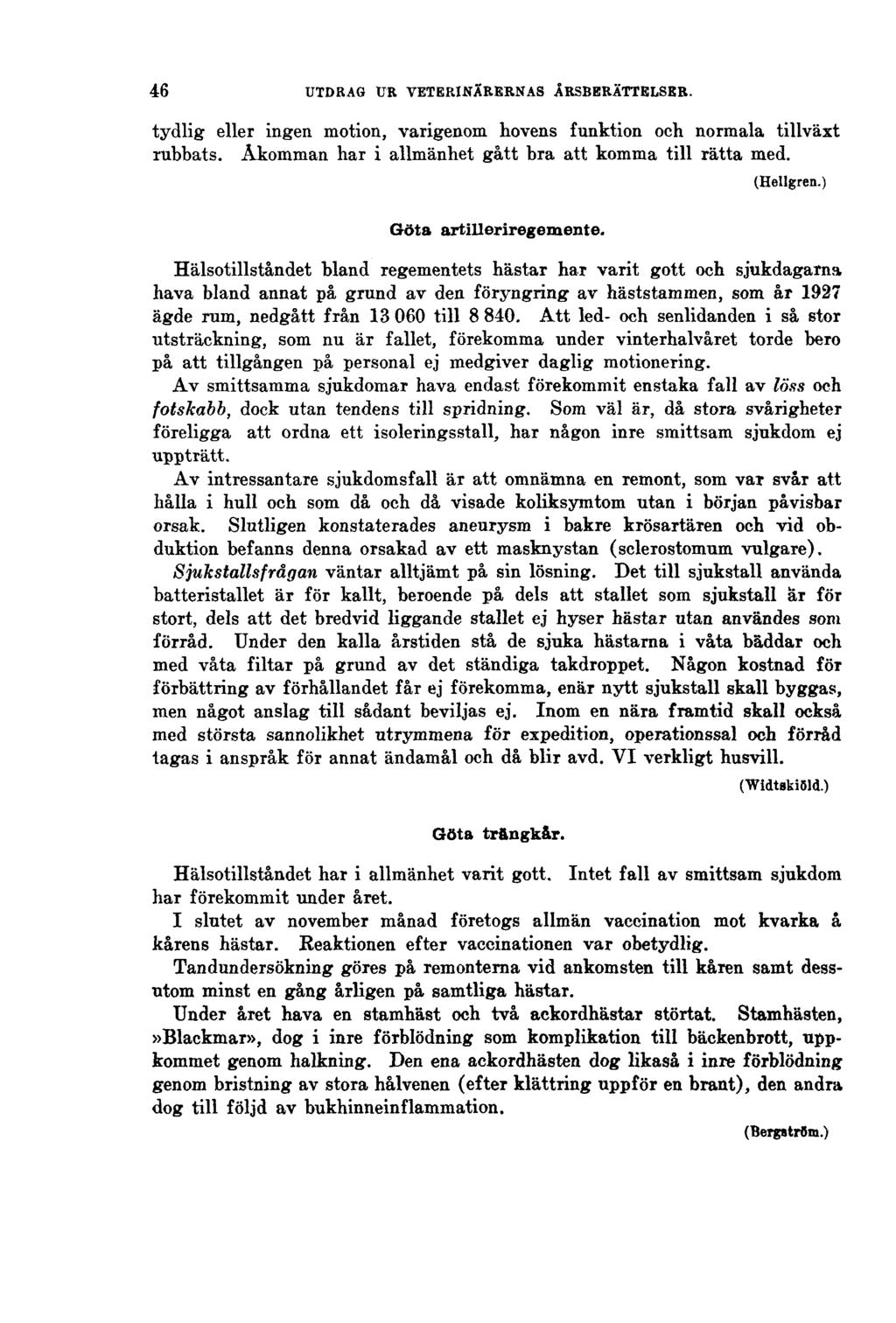 46 UTDRAG UR VETERINÄRERNAS ÅRSBERÄTTELSER. tydlig eller ingen motion, varigenom hovens funktion och normala tillväxt rubbats. Åkomman har i allmänhet gått bra att komma till rätta med.