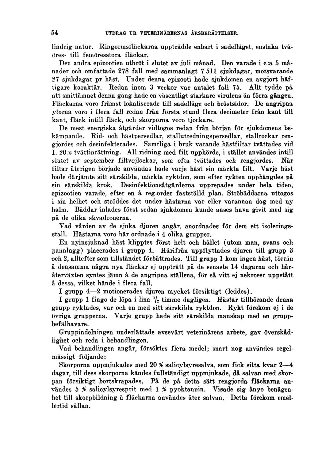 54 UTDRAG UR VETERINÄRERNAS ÅRSBERÄTTELSER. lindrig natur. Ringormsfläckarna uppträdde enbart i sadelläget, enstaka tvåöres- till femöresstora fläckar.