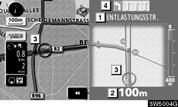 1 Namn på väg/område 2 Avstånd från aktuell position till avfarten eller korsningen 3 Aktuell position : Vägledningen på motorväg försvinner varpå kartbilden visas.