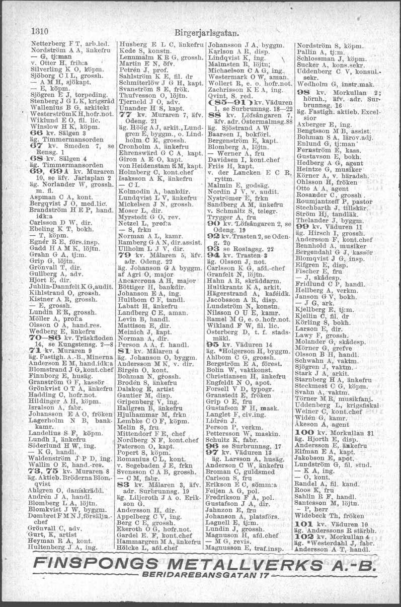 r- 1310 Notterberg F T, arb.led. Nordström A A, änkefru - fr, jj:man v. Otter H, frih:a Silverling K O, ltöpm. Sjöborg C l L, grossh. - A M H, sjökapt. - E, köpm. Sjögren E J, torpeding.