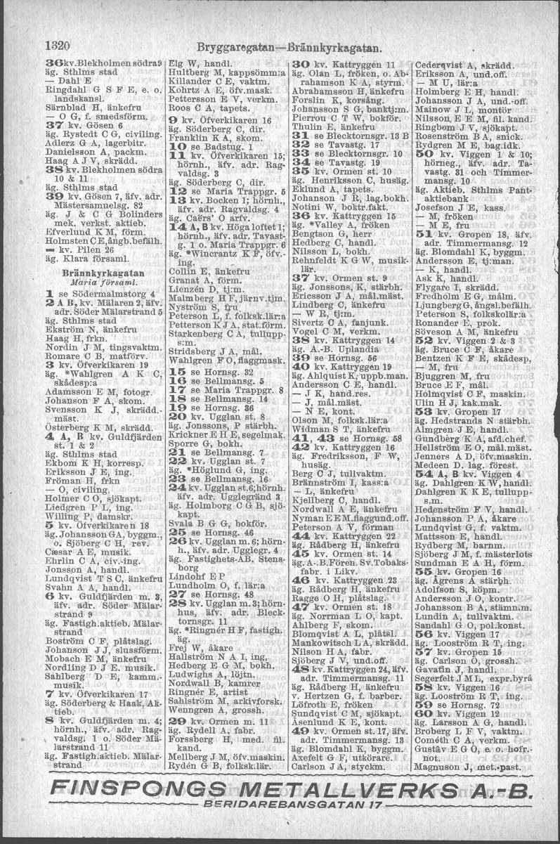 1320 Bryggaregatan -Brännkyrkagatan. 36kv.Blekholmensödra9 Elg W; handl. 30 kv. Kattryggen 11 Hultberg M. kappsömm:a äg. Olan L, fröken, o. Ab. - Dahl 'E Killander C B, vaktm. rahamson K A, styrm.