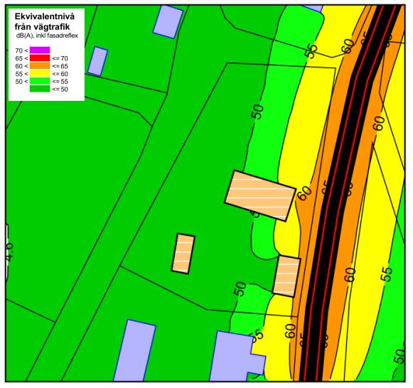 3. Resultat Bullerberäkningen avser nuvarande situation med befintlig bebyggelse på två meters höjd över mark. Plan mark har antagits.