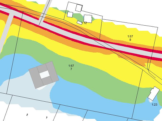 från det beräknade 60 km/h förbi förskolan så hamnar ekvivalenta ljudnivån ca 23 meter från väg 561, alltså på samma nivå som för nuläget. En sänkning på 10 km/h ger ca 2 db(a) lägre ljudnivå.